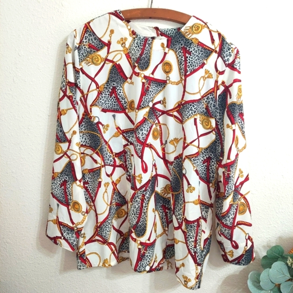 V I N T A G E:: 80s JOBI Tassel & Chain Pattern Classic Long Sleeve Blouse